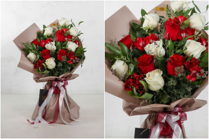 مدل دسته گل خواستگاری با گل های رزهای سفید و قرمز