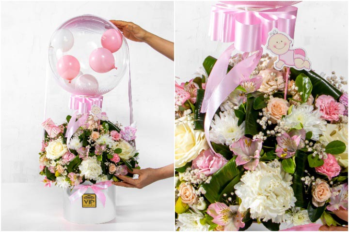 نمونه باکس گل تولد نوزاد به همراه برچسب نوزاد و بالن