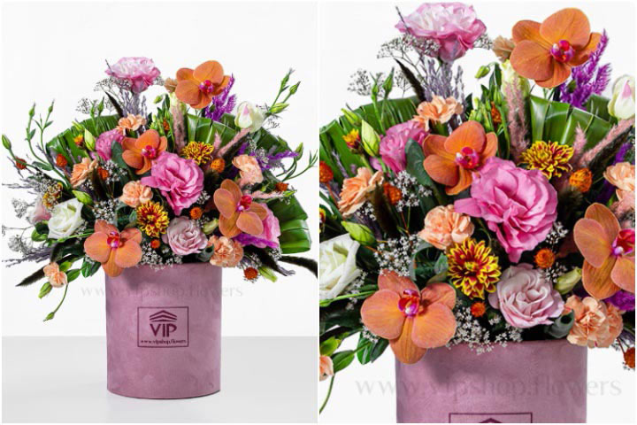 انواع دسته گل تولد و باکس گل صورتی با ارکیده نارنجی 