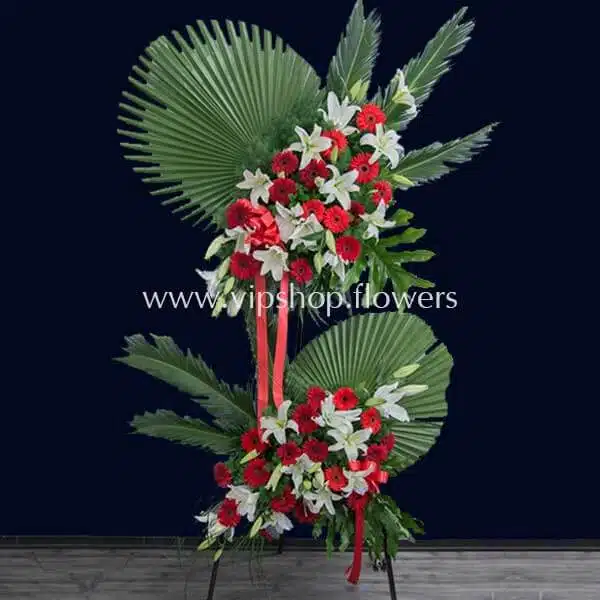 تاج گل پایه دار دو طبقه تبریک ژربرا لیلیوم- گلفروشی آنلاین VIP Shop