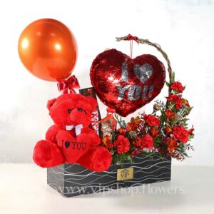 باکس گل ولنتاین لاکچری آلسترومریا و خرس - گلفروشی آنلاین VIP Shop