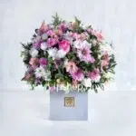 جعبه گل رز لیسینتوس داوودی با تم سفید صورتی-جعبه گل شماره 89
