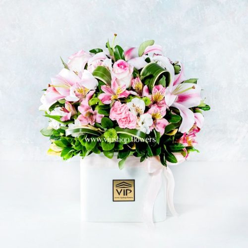جعبه گل رز اورینتال و آلسترومریا- گلفروشی آنلاین VIP Shop