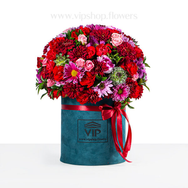 باکس گل داوودی استوانه ای فیروزه ای - گل فروشی VIP Shop