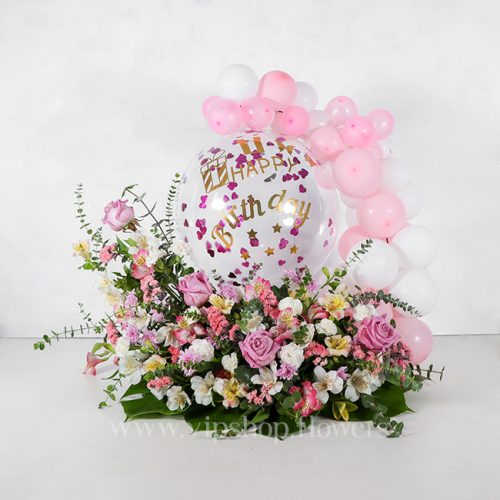جعبه گل تولد رز آلسترومریا همراه با بادکنک - گلفروشی آنلاین VIP Shop