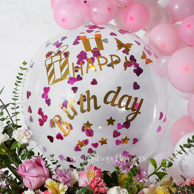 جعبه گل تولد رز آلسترومریا همراه با بادکنک - گلفروشی آنلاین VIP Shop