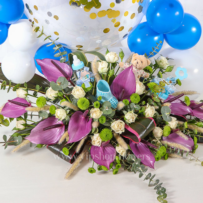 باکس گل تولد رز آنتوریوم همراه با بادکنک - گلفروشی آنلاین VIP Shop