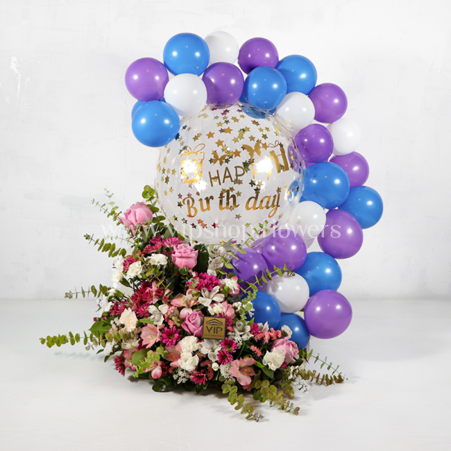 جعبه گل تولد رز آلسترومریا همراه با بادکنک- گلفروشی آنلاین VIP Shop