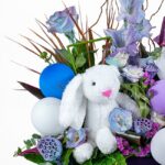 باکس گل و عروسک به همراه بادکنک با تم بنفش