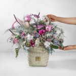 خرید آنلاین سبد گل حصیری رز هلندی صورتی