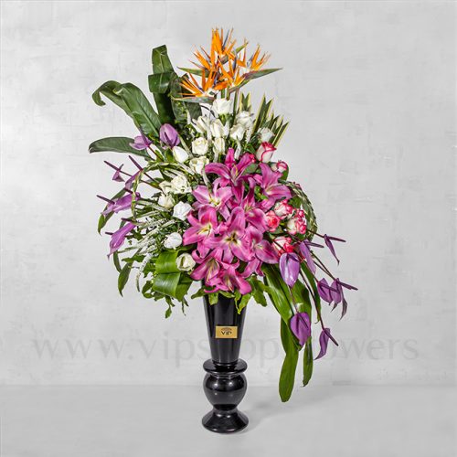 خرید آنلاین جام گل استوانه‌ای مشکی با گل‌های استرلیتزیا و رز