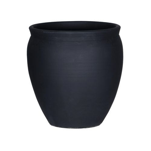 گلدان کوزه ای به رنگ مشکی است.