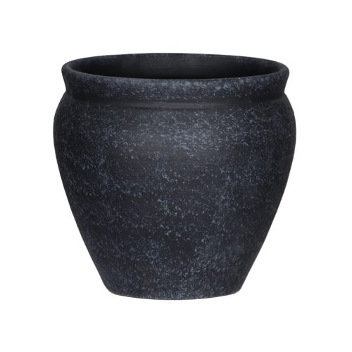 گلدان کوزه ای دارای زنگ مشکی با نقاط آبی است.