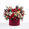 باکس گل استوانه ای قرمز با گل های تازه و خوش عطر